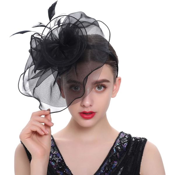 Fascinator Hat til kvinder, pige, blomst, net, slør, elegant fjer, pandebånd, retro, cocktail, te, brudebad, hårklemmer, pillbox hat, te-selskab, bryllup Black ML