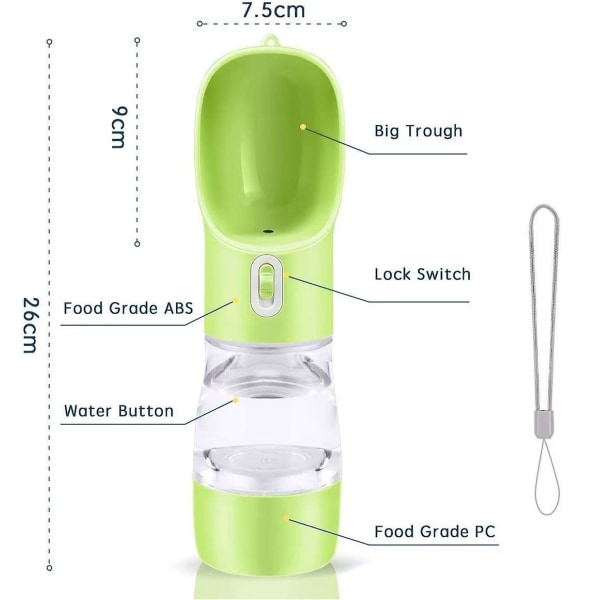 Koiran juomapullo, kannettava koiran juomapullo, monitoiminen lemmikkieläinten juomapullo koirille ja kissoille, matkakoiran juomapullo välipalapullolla
