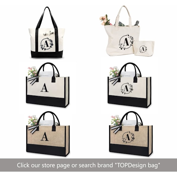 Initial Jute/Canvas Tote Bag, Personlig Gavepose, Velegnet til Bryllup, Fødselsdag, Strand, Ferie, er en God Gave til Kvinder, Mor, Lærere, Venner