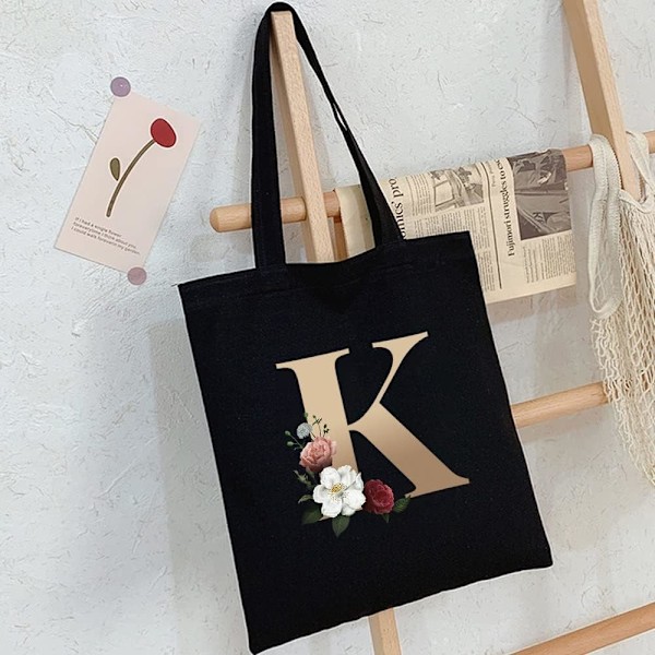 26 bokstäver tryckt canvas återanvändbara matkassar, hopfällbar casual resehandväska, axel strand tote väskor, shopper väska miljövänlig super stark tvättbar Gold K