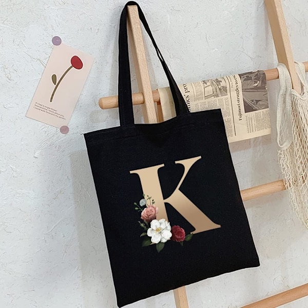 26 bokstäver tryckt canvas återanvändbara matkassar, hopfällbar casual resehandväska, axel strand tote väskor, shopper väska miljövänlig superstark tvättbar Gold K