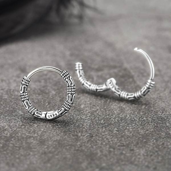 Svart Vintage Cool Big RoundIndian Boho 925 Sterling Silver Creolörhängen För Män Kvinnor Trendigt Tjockt Smycke
