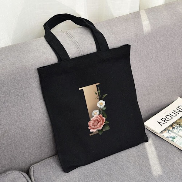 26 bokstäver tryckt canvas återanvändbara matkassar, hopfällbar casual resehandväska, axel strand tote väskor, shopper väska miljövänlig super stark tvättbar Gold I