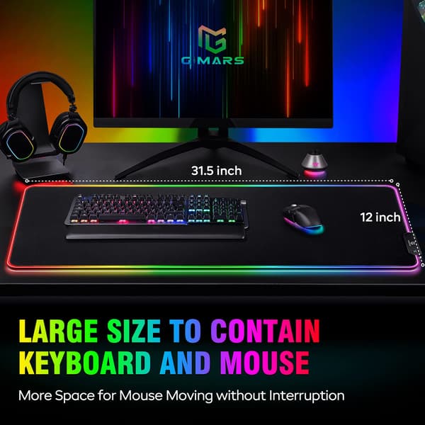 Gaming Musematte, XL Musematte 800x300x4mm, 12 LED-lysmoduser, Stor Musematte med Premium Mikro-vevd Overflate, Sklisikker Musematte