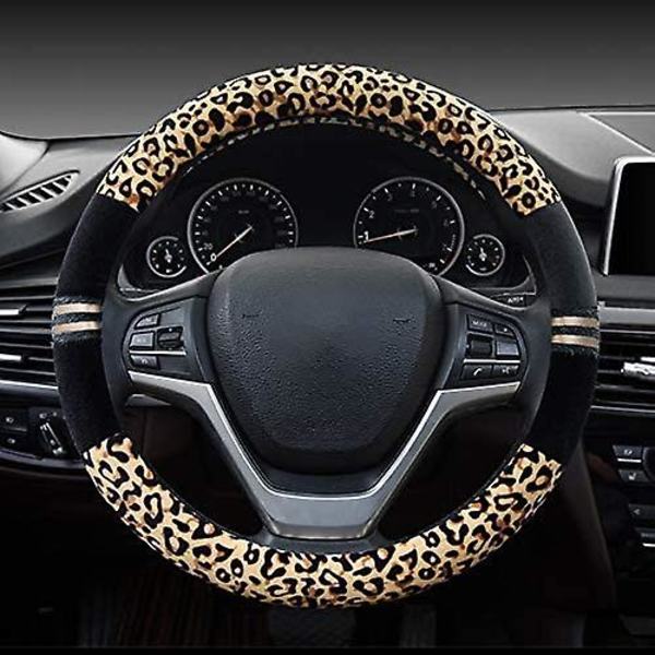 Rattstyrningsöverdrag i plysch, universellt för bil/lastbil/SUV/van, diameter 38 cm, leopardmönster, gul