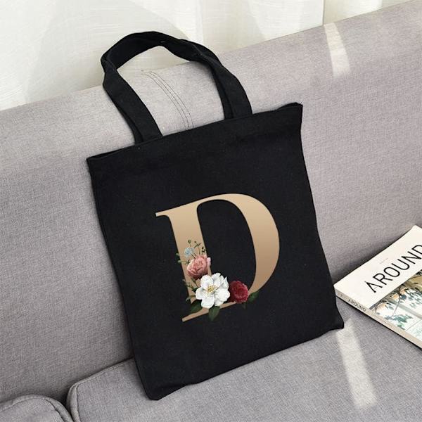 26 bokstäver tryckt canvas återanvändbara matkassar, hopfällbar casual resehandväska, axel strand tote väskor, shopper väska miljövänlig superstark tvättbar Gold D