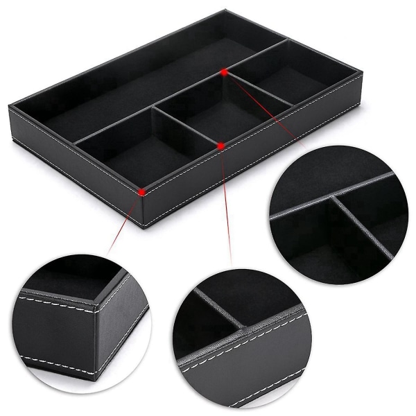 2x 4 pladser skrivebordsskuffeopdeler, Pu læderskuffeopbevaringsopdeler (sort)