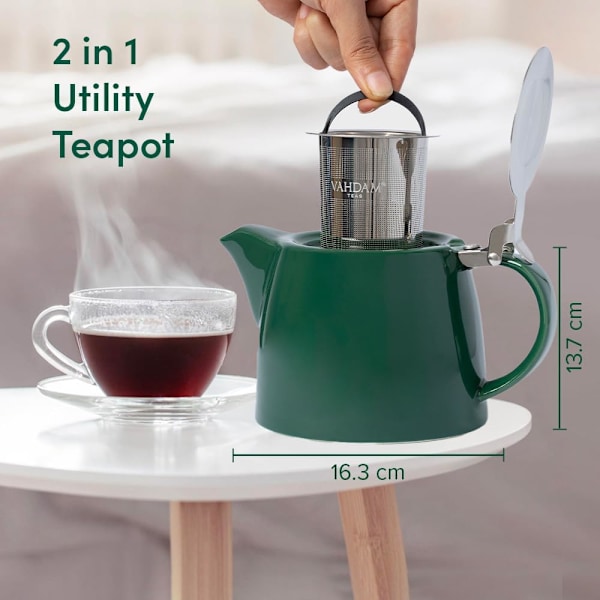 Porselen løsblads tekanne med infuser, sil og lokk | Tekanne for 2 personer | Mørkegrønn | Te- og kaffekanne, tegavepakker - 500 ml/17 oz Green