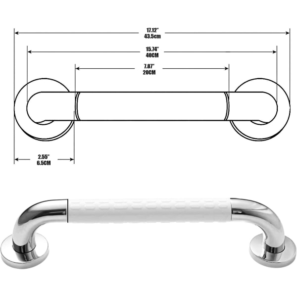 Valkoinen turvakylpyamme, liukumaton, loistelamppuvalolla, seinään kiinnitettävä ruostumattomasta teräksestä valmistettu kantokahva, kylpyhuoneen wc-kahva lapsille/vanhuksille (40 cm)