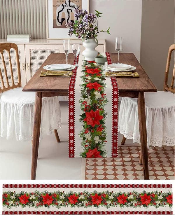 Rød rustikk julebordløper med snøflak og stjerner, 33x183 cm-FX-