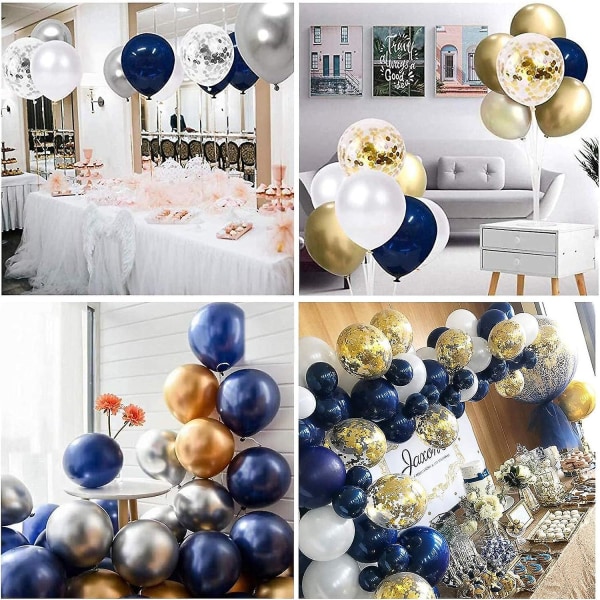 Set med 60 ballonger, 12 tums marinblå ballonger Guld metalliska ballonger Vita latexballonger Konfettiballonger Heliumballonger för bröllopsfödelsedagsdel