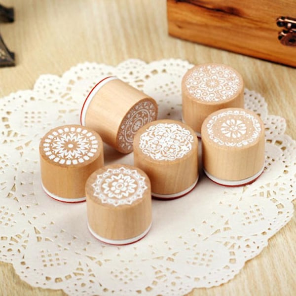 Gummistempelforsegling av tre med blomsterhåndskrift for utklippsbokhåndverk (6 stk, trefarge)