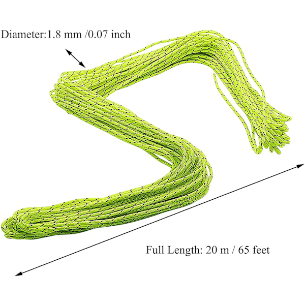 2mm Fluorescerende Reflekterende Bardun Teltreb Camping Snor Paracord 20 Meter (Grøn)