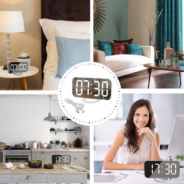 Digital Klocka med Stor Display, LED Elektrisk Väckarklocka Spegel Yta för Makeup med Dimningsläge, 3 Nivåer Ljusstyrka, Dubbla USB-portar Modern D White