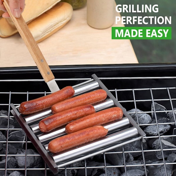 Pølse-Rulle i Rustfrit Stål med Ekstra Langt Træhåndtag, BBQ Pølse-Grill til Jævnt Tilberedte Pølser, 5 Pølse Kapacitet Silver