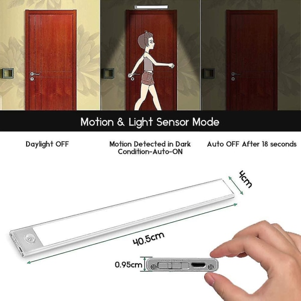 LED-belysning för garderob, rörelsesensor, trådlös USB-laddning magnetisk (6000k, 40cm)