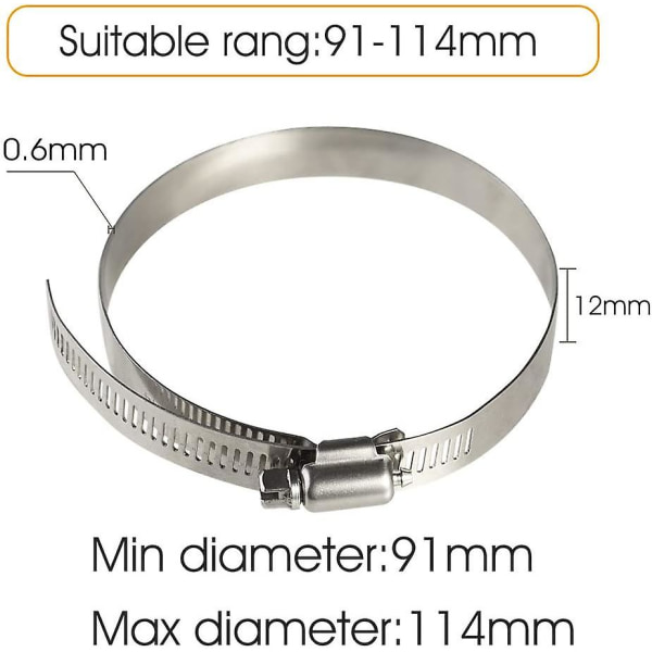 8 stk. slangeklemmer, justerbar 91-114 mm rustfrit stål slangeklemmer i forskellige størrelser til fastgørelse af fleksible slanger og rør