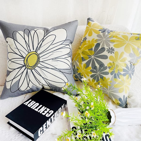 Utomhuskuddar Grå Gul Blomma Daisy Kuddfodral Set om 4