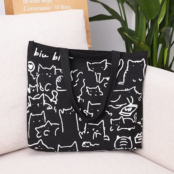 Kat Tote Bag Lærred Tote Bag med lynlås Kvinders Genanvendelig Shopping Bag med Lomme Sort Vaskbar Foldbar Lærred Tote Bag til Kvinder Piger