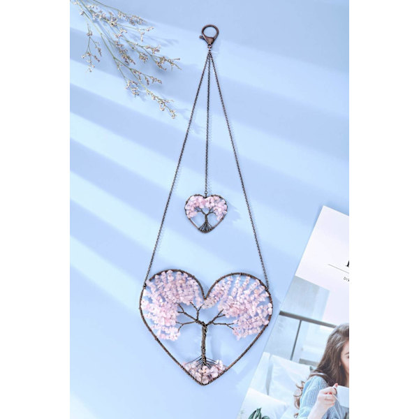 Vaaleanpunaisen ruusukvartsi sydämen elämänpuu unelmanpyydystin riippuva koriste boheemi kaksinkertainen sydän elämänpuu kristalli ikkuna auto seinä taide riippuva koriste Rose Quartz Heart Tree of Life