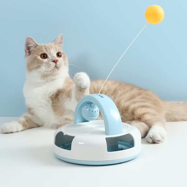 3 I 1 Interaktiva Kattleksaker för Inomhuskatter Gunga Fjäderstav Kattungeleksak med Catnipboll, Katt Spårleksak Inkluderad Klockboll för Uttråkning Själv Blue