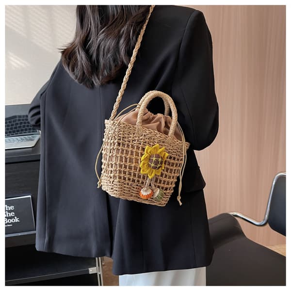 Små stråväskor för kvinnor Sommar Crossbody-väskor Dam Reseplånböcker och handväskor Axelväska Khaki khaki sunflower
