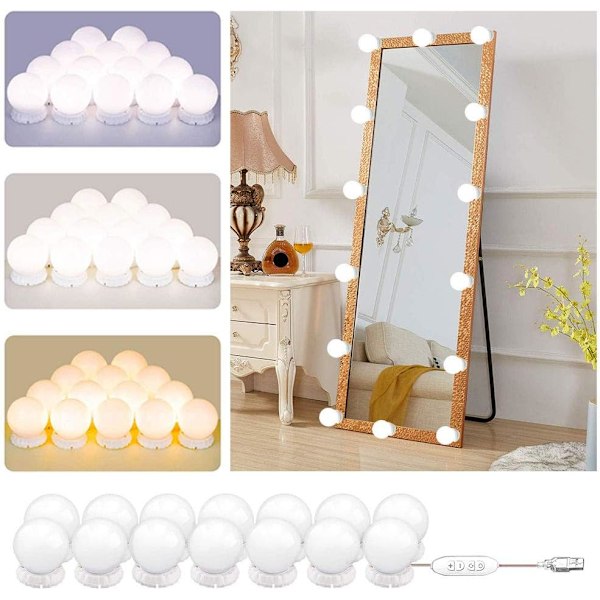 Hollywood-stil speilbelysningssett DIY, LED sminkebelysning 14 kulepærer Dimbar Festes på speil USB med 3 lysfarger & 10 lysstyrkenivåer White 14 Bulbs Mirror Lights