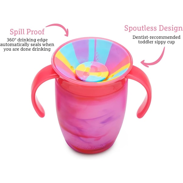 Miracle 360 6+ Måneder 7oz Baby Sippy Cups (2-pak). Træningskop, Spildfri, Opvaskemaskine-sikker Baby Vandflaske med Nemme Greb. (Pink/Gul) Pink/ Yellow