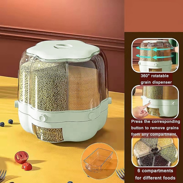 6-gitter roterende matdispenser Rund forseglet kornbeholder Tørrmat Fruktoppbevaringsboks for hjem og kjøkken (hvit)