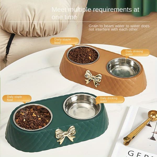 1 Holdbar dobbelt skål i rustfrit stål – Knudeformet skulpturelt design – Ideel til fodring af hunde