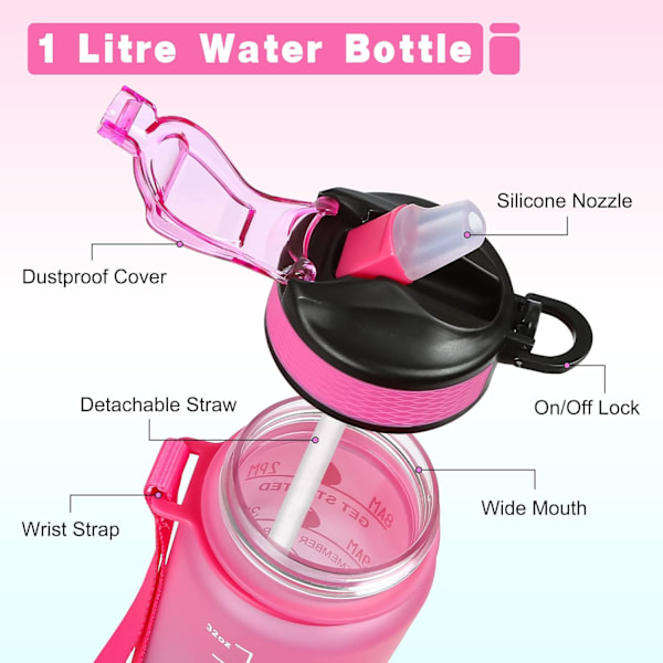 Vannflaske med tidsmarkering og sugerør, Sportsvannflasker 32oz/1000ml, BPA-fri, lekkasjesikker, Tritan-plast, motiverende stor drikkeflaske Pink Blue 1000ml