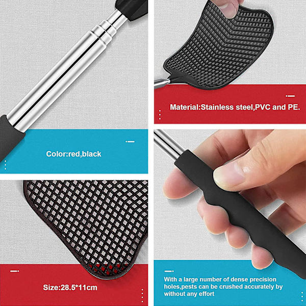Utökade Flugsmällare 2-pack, stark flugdödare med teleskopiskt handtag i rostfritt stål 26,5 cm till 75 cm, manuell flugsmällare för skadedjursbekämpning inomhus och utomhus
