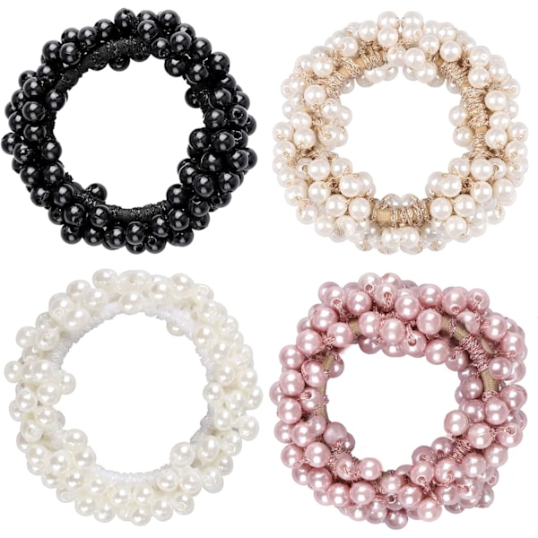 4 stk. perlehårskrunchies, elastiske hårbånd, hestehaleholder, scrunchies, strammende hårring til kvinder Black, White, Beige, Pink