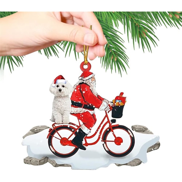 2-pak sjov juletræ vedhæng, sød julemand kører på cykel med en hund. Juletræ hængende håndværk (f)