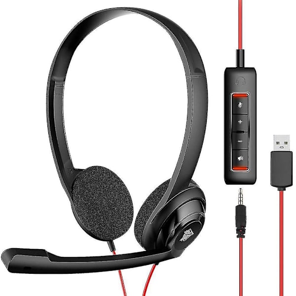 USB-hodetelefon med støydempende mikrofon for PS5-bærbar PC, On-Ear Wired Office Call Cen