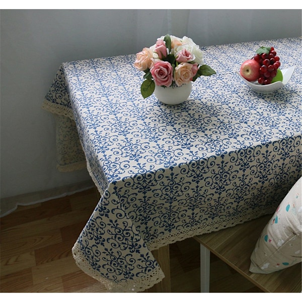 Klassisk bomuldsdug i hør med blåt blomsterprint (60*60cm)