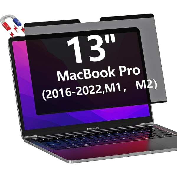 Macbook Pro 13 tuumaa (2016-2022, M1, M2) Yksityisyys Näytön suodatin Magneettinen suoja Irrotettava ja uudelleenkäytettävä näytönsuoja Naarmuuntumaton Helppo asennus sekunnissa