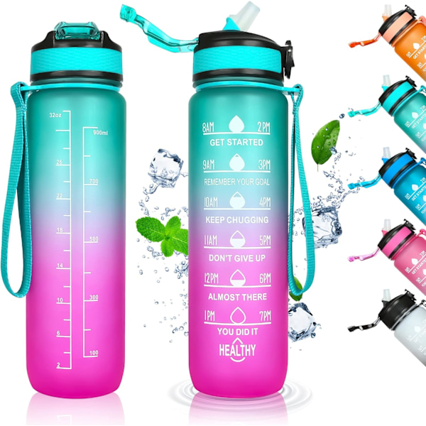 1 Litran Vedenpullo, Urheiluvadenpullot Aika-Merkinnällä ja Oljella, BPA-Vapaa, Vuotamaton, Tritan-Muovia, Motivoiva Suuri Juomapullo Green Purple 1000ml