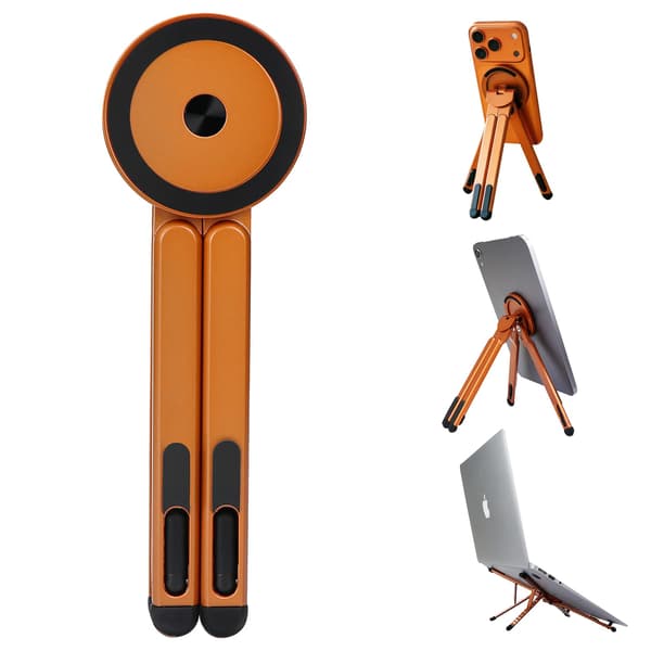 3-i-1 foldbart magnetisk stativ til bærbare computere og tablets; stabilt orange stativ i aluminiumslegering. Orange