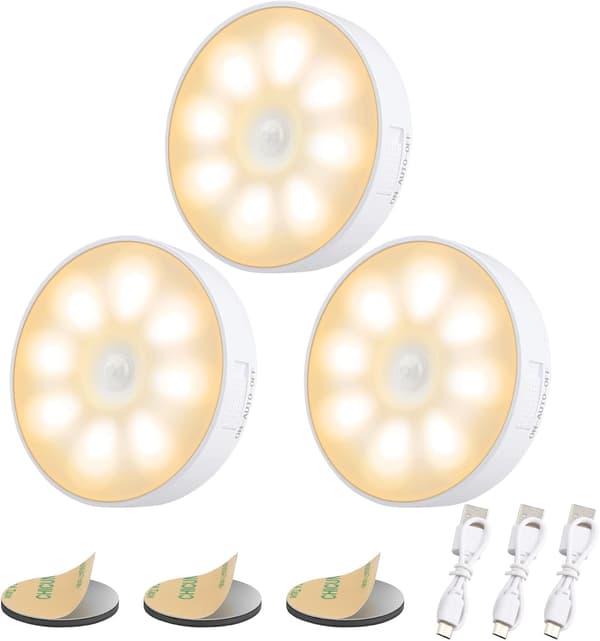 3-pakning USB oppladbare LED-nattlys med bevegelsessensor, 3 arbeidsmoduser Auto på/av-lampe for soverom, gang, trapp