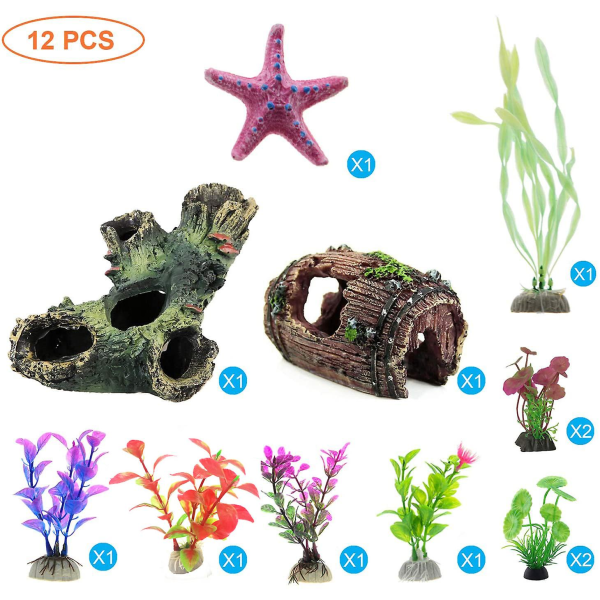 Akvarie dekorative planter med harpiks knækket tønde og huleklippeudsigt, 12 plastakvariepynt, akvarietilbehør, hulepynt og fisk H