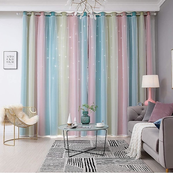 1 Panel Star Curtains Stars Blackout Curtain For Kids Girls Bedroom Dining Room, Rainbow Full Colors Double Layer Star Gradient Grommet Window Curtain