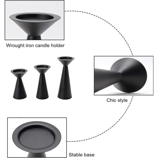 Sett med 3 rustikke metalllysestaker, søylelysestaker, midtpunkt, mattsvarte lysholdere for hjemmeinnredning, bordpeis, bryllup, fest, H