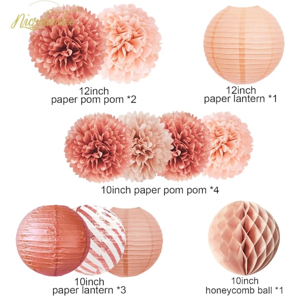 Rosaguld Dekorationer - 12 stk. Rosaguld Papir Lanterner Blomster Pom Poms med Glitter Konfetti til Valentinsdag Bryllup Bachelorette Forlovelse Fødselsdag Rose Gold 12 Piece Set