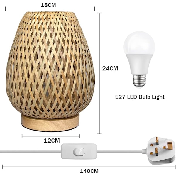 Sengelampe med dobbeltlags bambusskærm og træbase - Håndlavet dekorativ natlampe til bryllup, fest og soveværelse
