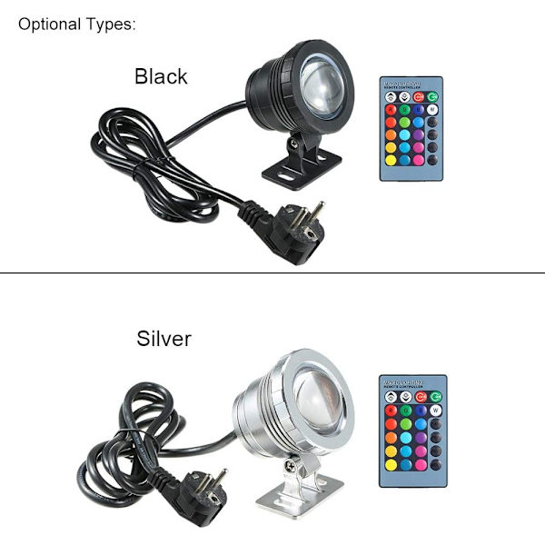 10W RGB LED Undervandslys Dykkerlampe med Fjernbetjening 16 Farver 4 Lyseffekter IP65 Vandafvisende Design til Pool Akvarium Springvand Hall Uk Plug Silver