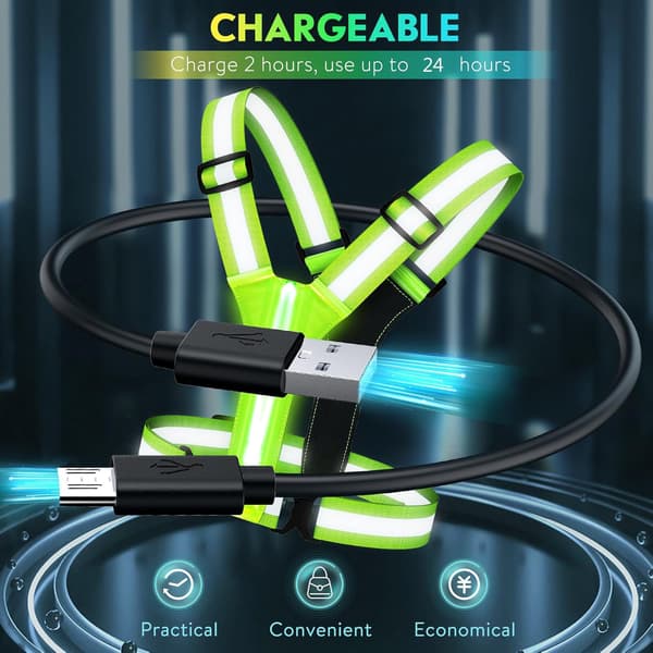 LED refleksvest, USB genopladelig, justerbar talje/skulder - Grøn