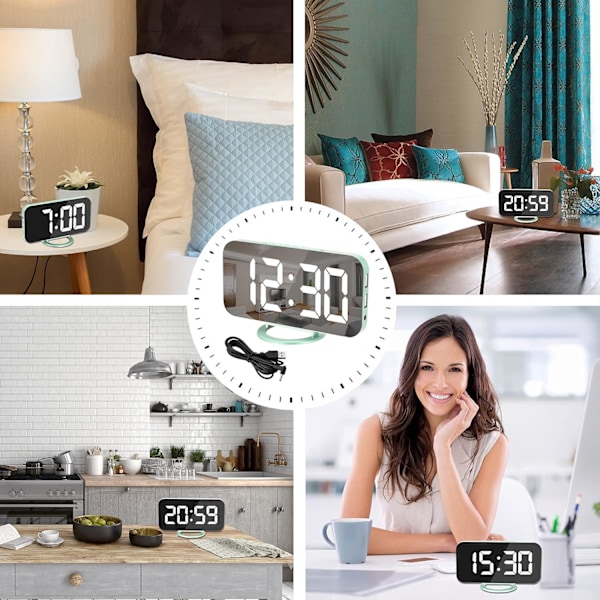 Digital Klocka med Stor Display, Väckarklocka med Spegel, 2 USB-Laddningsportar, Automatisk Dämpning, Snooze, Liten Elektrisk Klocka för Sovrum Kontor Green
