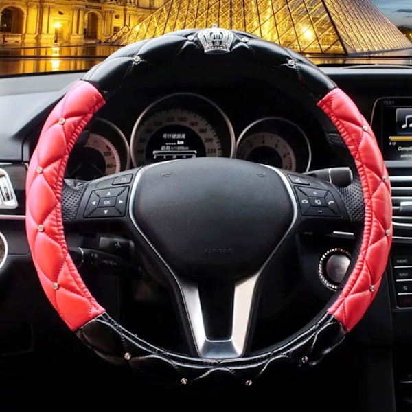 Ratdæksbetræk med Bling Diamond, Universal Læder Anti-Slip Bilratdæksbetræk Funklende Krone Biltilbehør til Kvinder Damer (Bl steering wheel cover black red