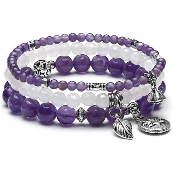 Naturliga Kristall Armband Set Reiki Healing Kristall Ädelsten Pärlor Stretch Armband med Lotusblad Charm för Kvinnor Present Amethyst